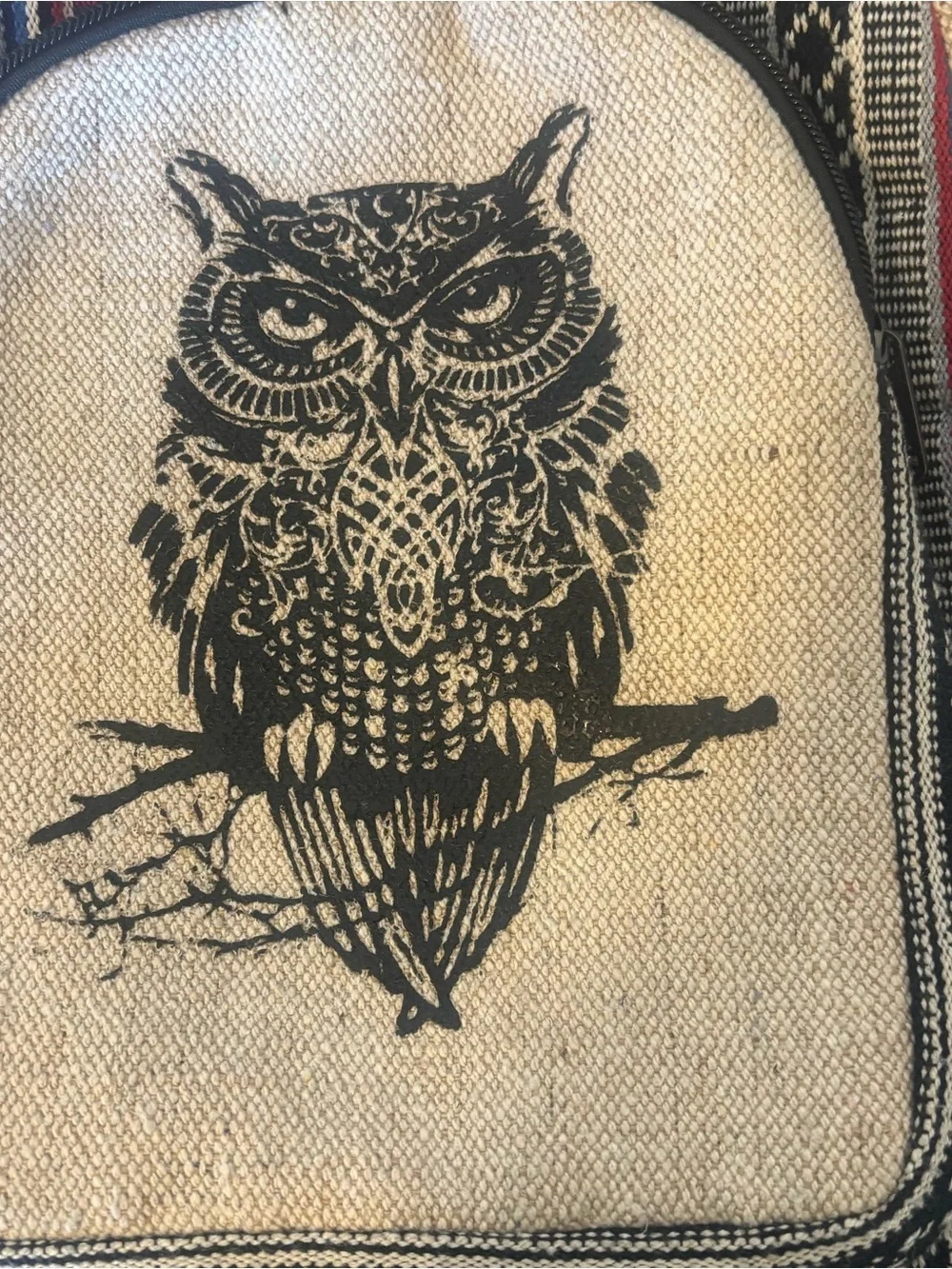 Handmade Himalayan Hemp Owl Graphic Backpack Multicolor Striped Boho Back Pack
